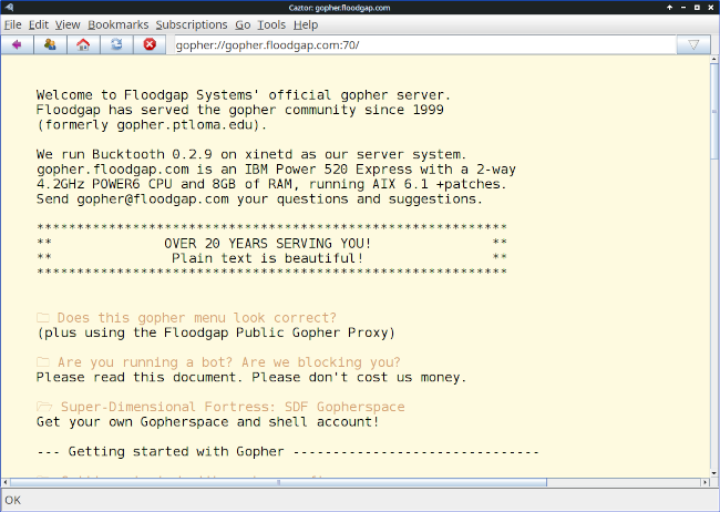 Browsing a gopherhole, light pastel theme