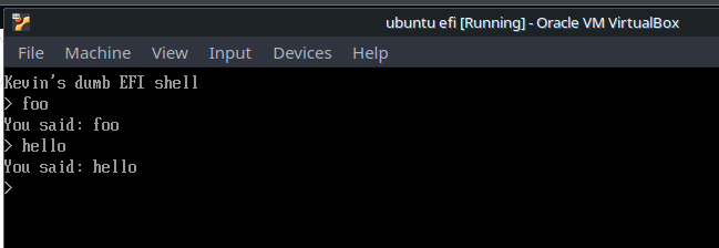 test.efi running on bare metal in a VirtualBox VM