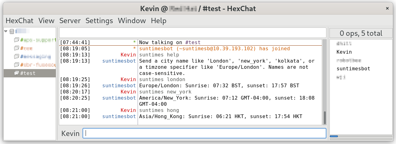 Screenshot of an IRC session